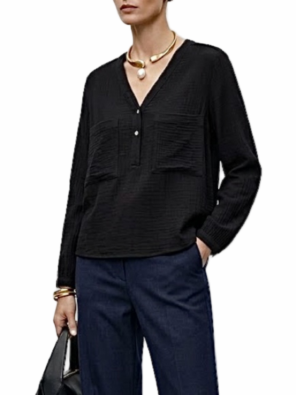 Massimo Dutti boxy black crinkly long sleeve top blouse L
